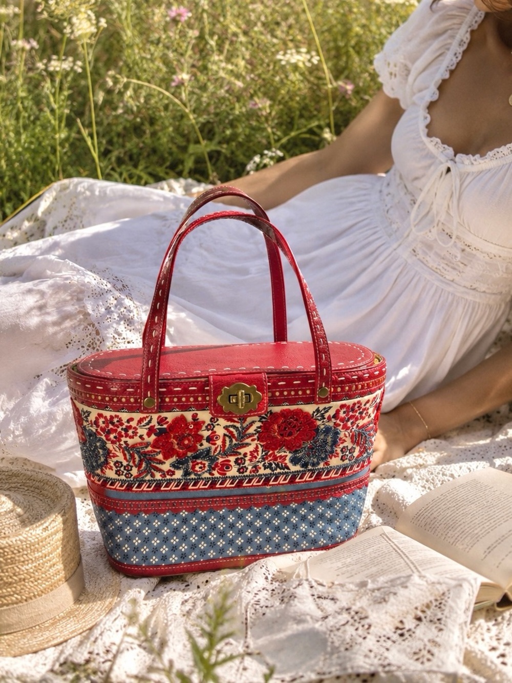 Vintage Isabella Fiore Floral Embroidered Leather Tote Basket Boho Cottage USA
